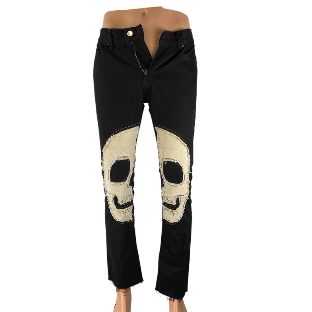 MNML Men's Black White Skull Patch Straight Leg High Rise Denim Jeans Pants 29